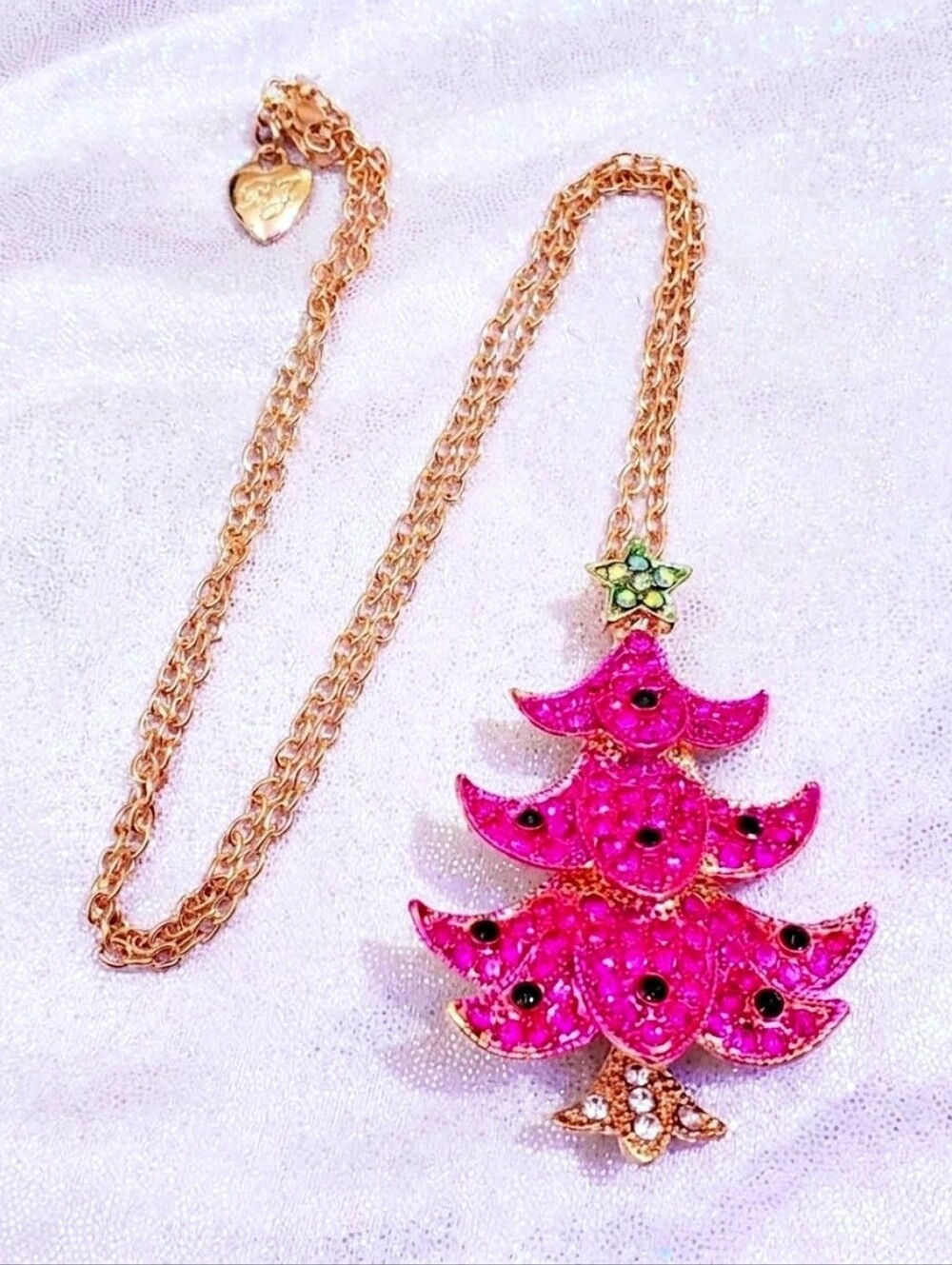 Gold-plated pink and green crystal Christmas tree necklace/broach